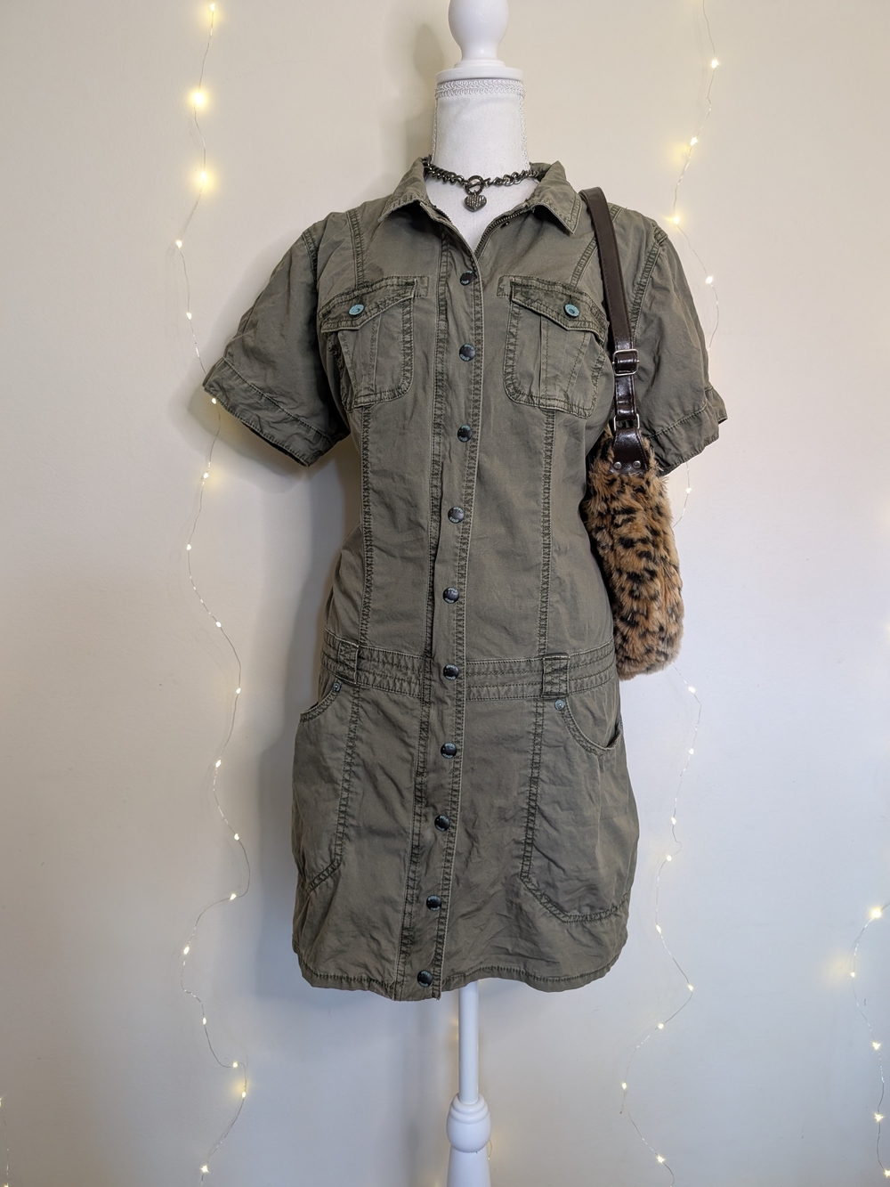 Guess Olive Green Button-Front Midi Shirt Dress